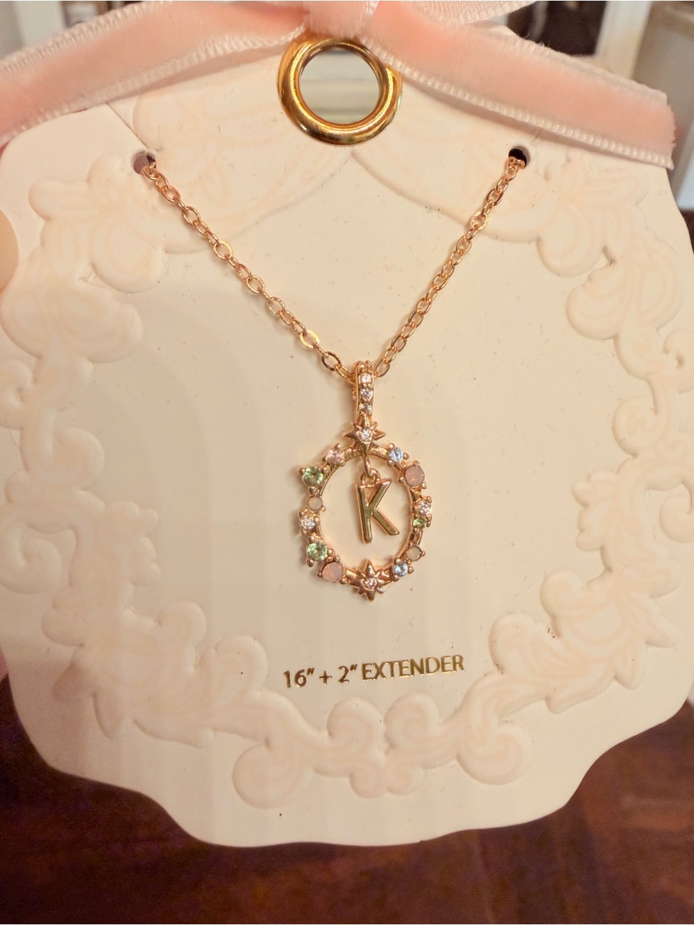 Gold Initial K Pendant Necklace with Multicolor Accents